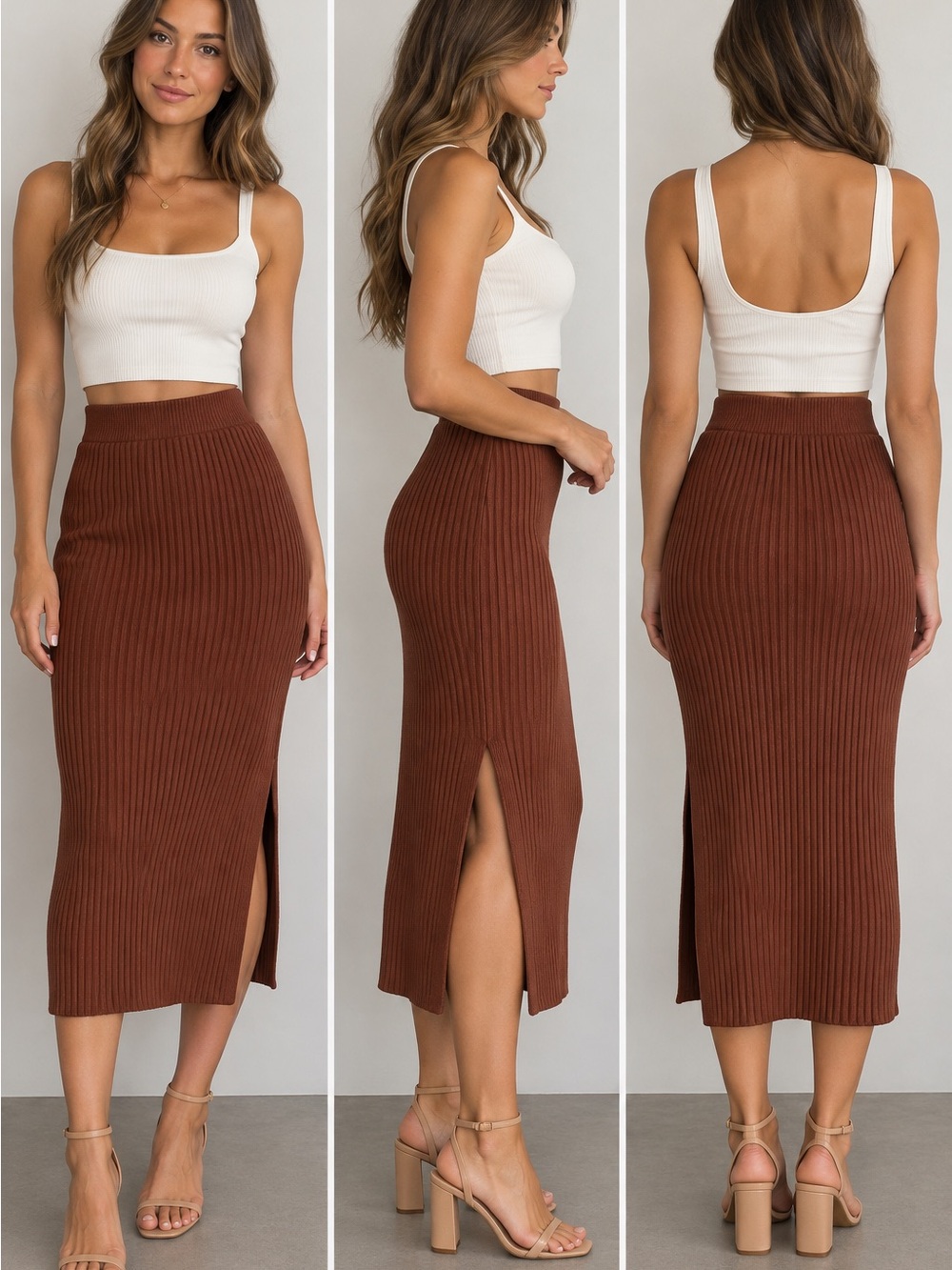 Abercrombie & Fitch Brown Ribbed Knit Midi Skirt S High Waist Side Slit Y2K